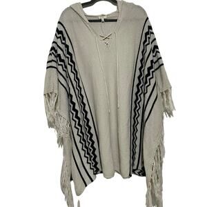 Kori America Cream Western Knit Sweater Poncho Size M/L Fringe Aztec Pattern